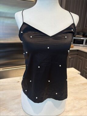 Zara Black Satin Pearl-Studded Cami